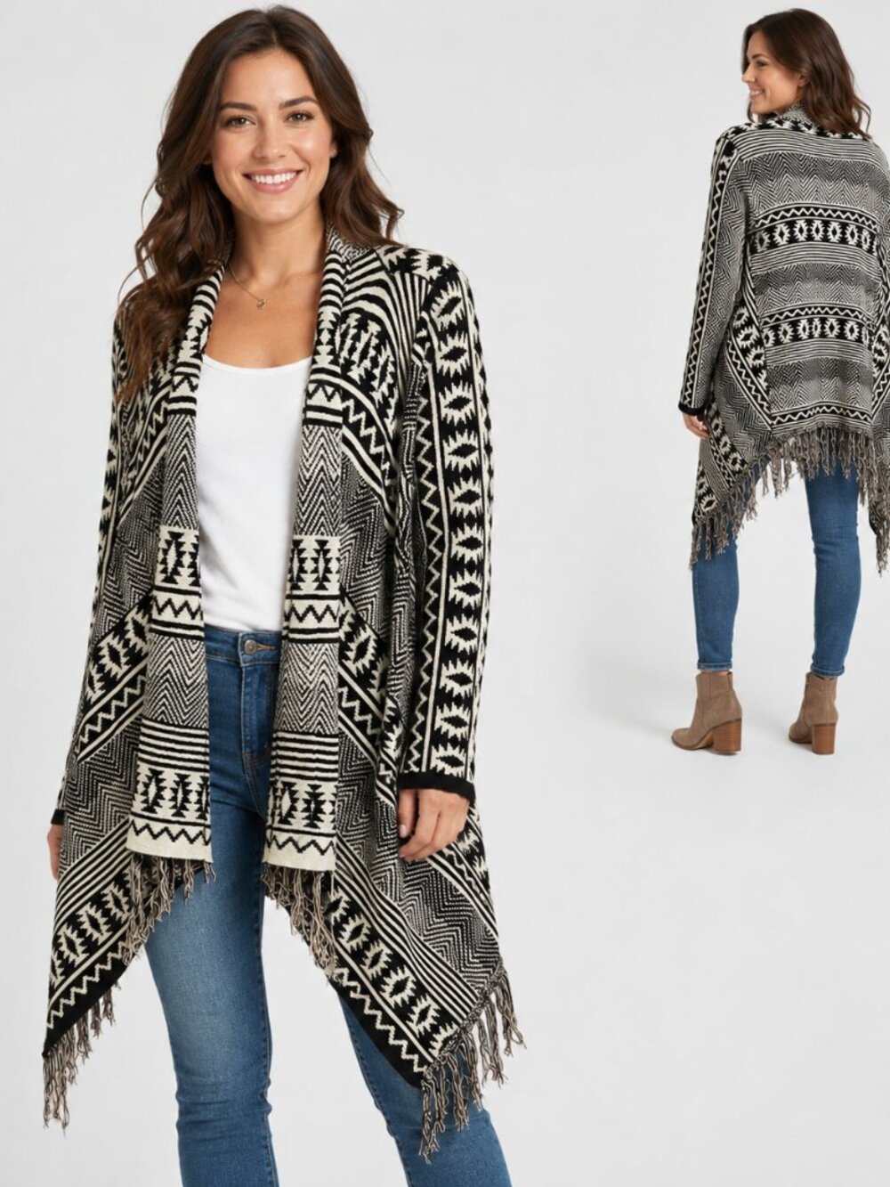 Poof Black & White Aztec Fringe Waterfall Open Cardigan Size M—Boho-Chic & Cozy